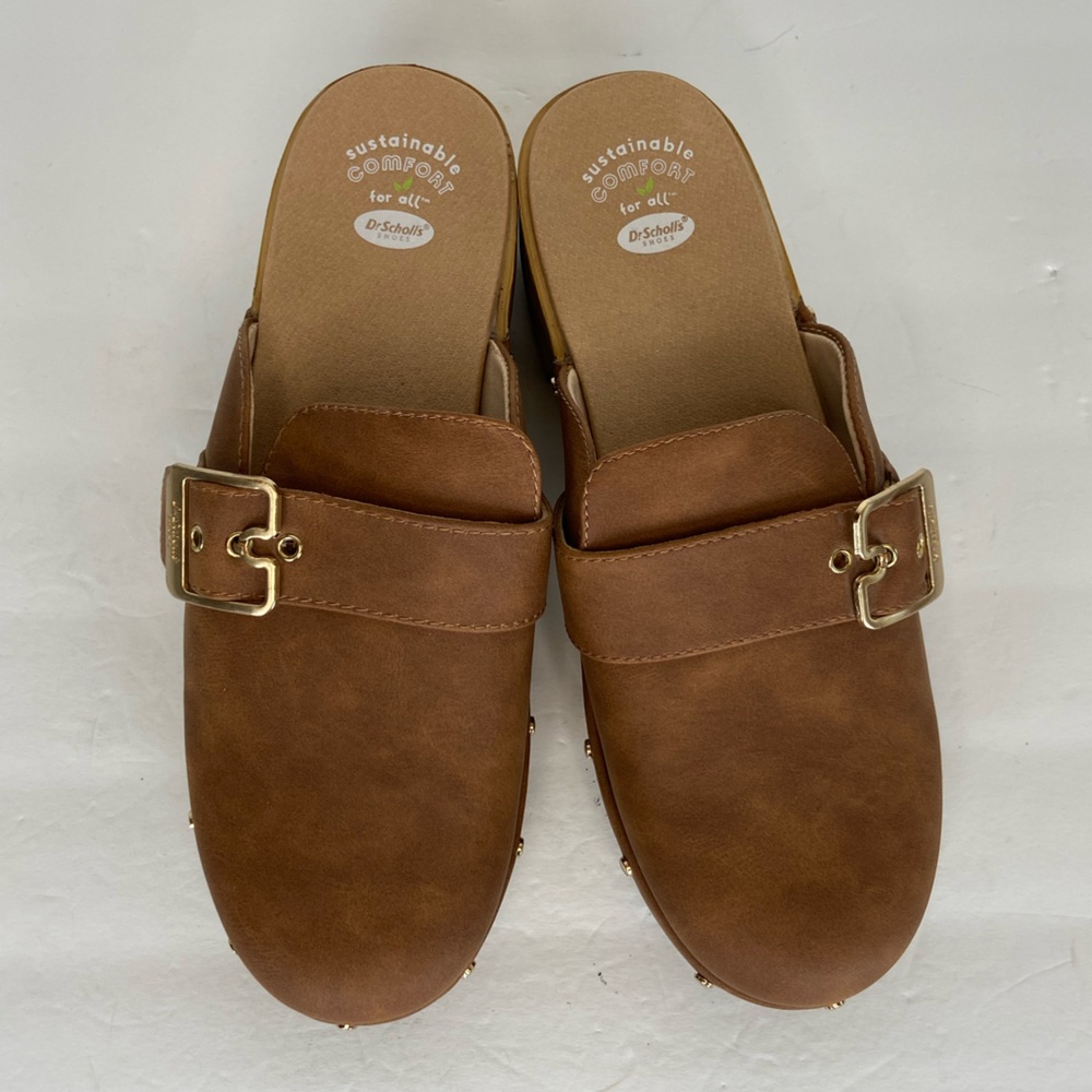 Dr. Scholl's Brown Leather Clog Mules with Gold Buckle - Picture 5 of 12